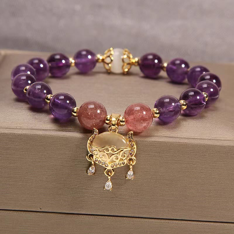 Pulsera curativa con dije de cerradura china, Buddha Stones, amatista Natural, cuarzo fresa, ojo de gato - Amatista, cuarzo fresa y ojo de gato - image 1