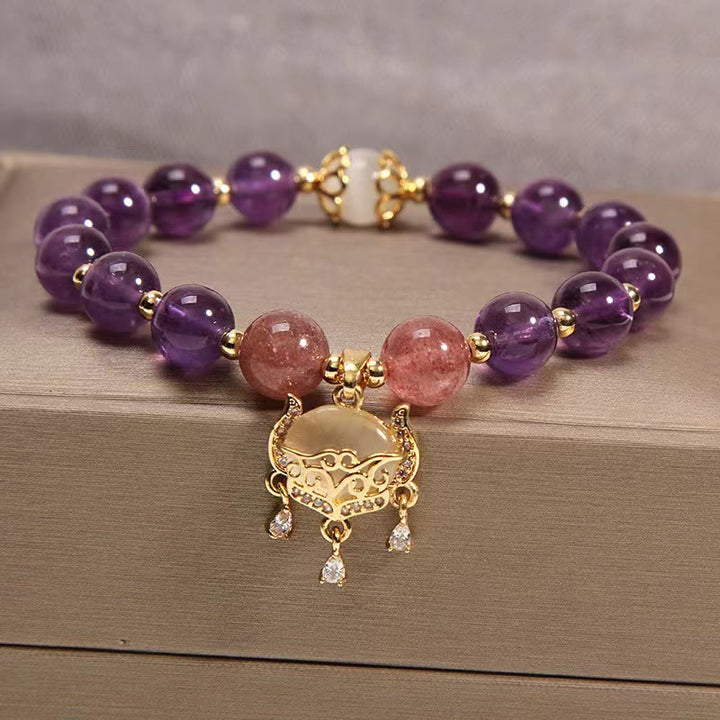 Pulsera curativa con dije de cerradura china, Buddha Stones, amatista Natural, cuarzo fresa, ojo de gato - Amatista, cuarzo fresa y ojo de gato - image 1