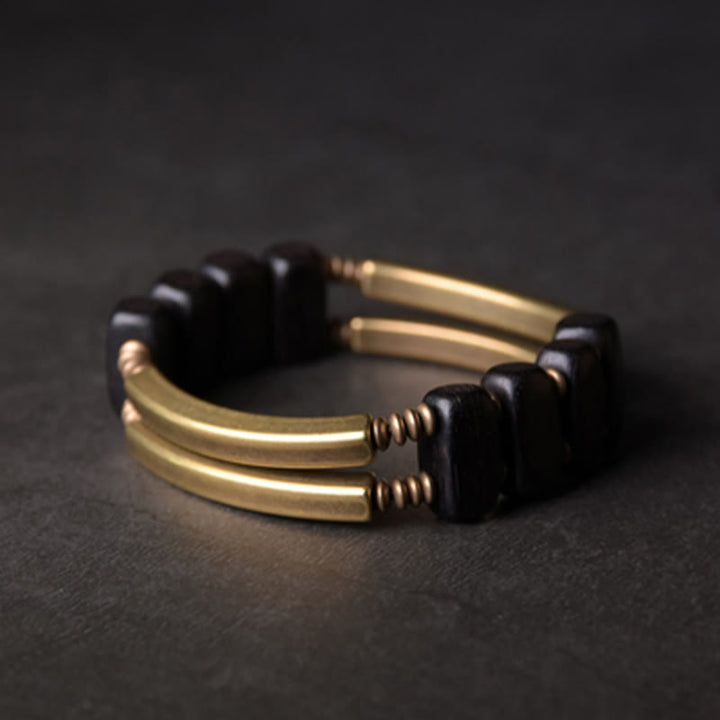 Pulsera de equilibrio de doble capa con Buddha Stones, madera de ébano tibetano, latón y cobre - 17-17,5 cm - image 0