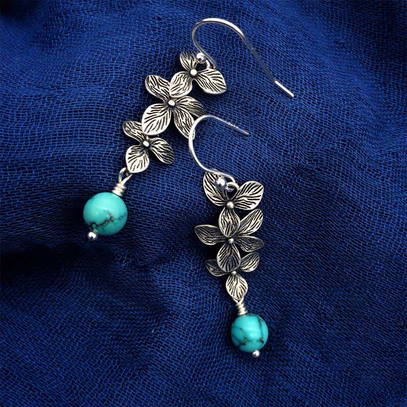 Pendientes colgantes de plata de ley 925 con forma de flor de lazurita turquesa y hoja de serenidad