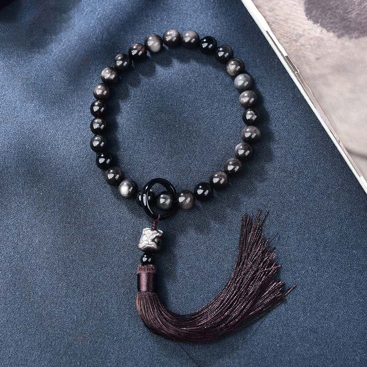 Plata Natural brillo obsidiana León muñeca Mala protección borlas bolsillo Mala decoración del coche