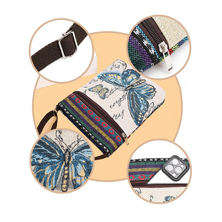 Bolso bandolera de lona bordado con mariposa de elefante, bolso bandolera