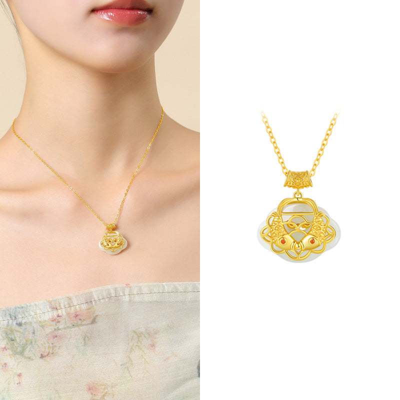 Collar con colgante de plata de ley 925 con Buddha Stones , jade hetiano natural, pez Koi