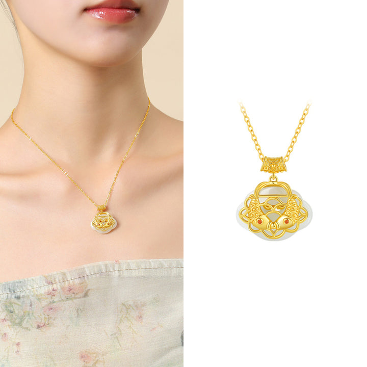Collar con colgante de plata de ley 925 con Buddha Stones , jade hetiano natural, pez Koi