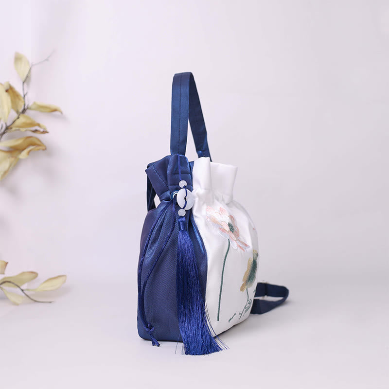 Buddha Stones Bordadas Loto Koi Pez Grulla Camelia Algodón Lino Tote Bandolera Bolso Bandolera Bolso