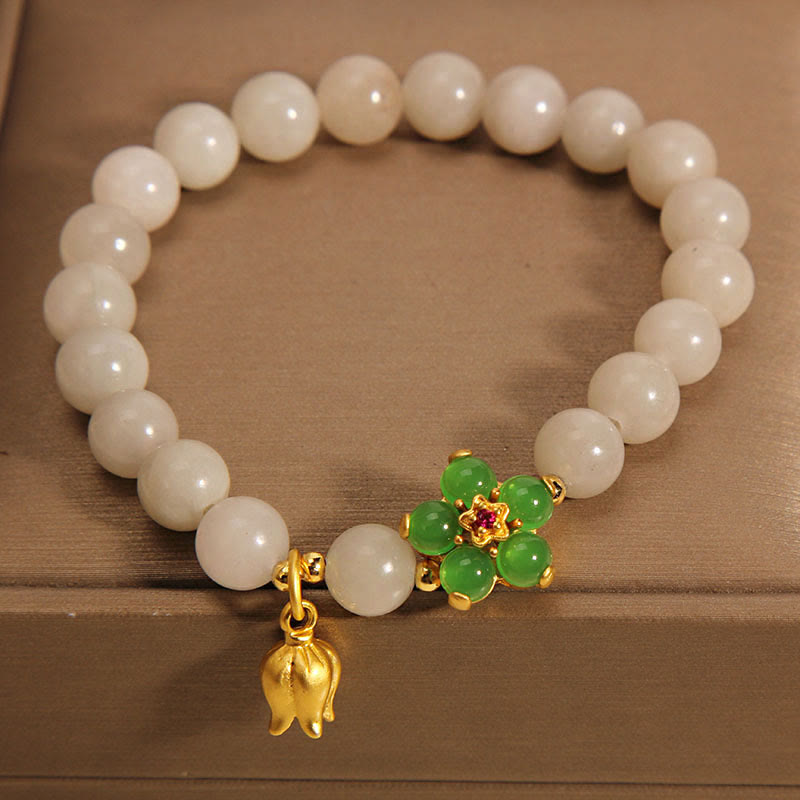 Pulsera de la suerte con Buddha Stones, jade natural, flor verde, lirio de los valles