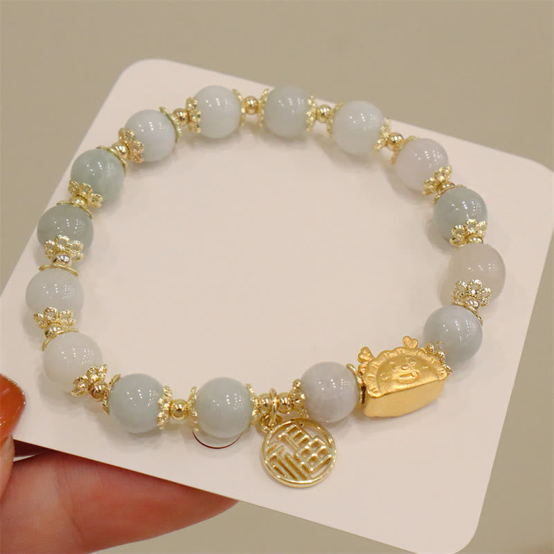 Buddha Stones Año del Dragón Ágata roja Cuarzo fresa Obsidiana negra Jade Granate Perla Cinabrio Bola de masa Dragón Suerte Fu Pulsera con personajes