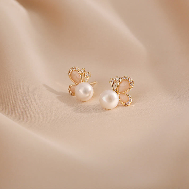 Pendientes de tuerca con forma de mariposa y perlas de oro de 18 quilates con Buddha Stones