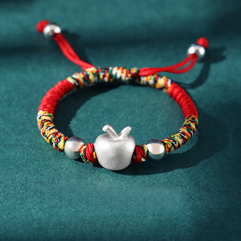 Pulsera para niños hecha a mano con Buddha Stones de plata de ley 999, color rojo manzana, cuerda multicolor, protección de la suerte