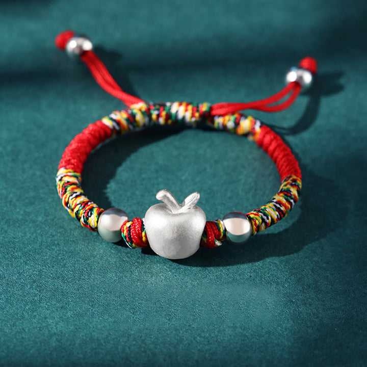 Pulsera para niños hecha a mano con Buddha Stones de plata de ley 999, color rojo manzana, cuerda multicolor, protección de la suerte
