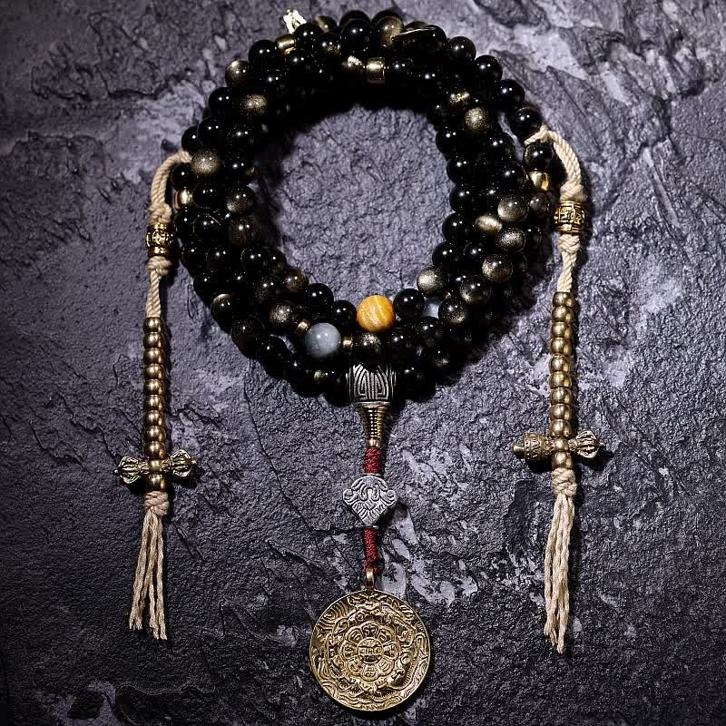 Pulsera de riqueza de piedra de ojo de águila de ojo de tigre de obsidiana con brillo dorado de 108 cuentas Mala