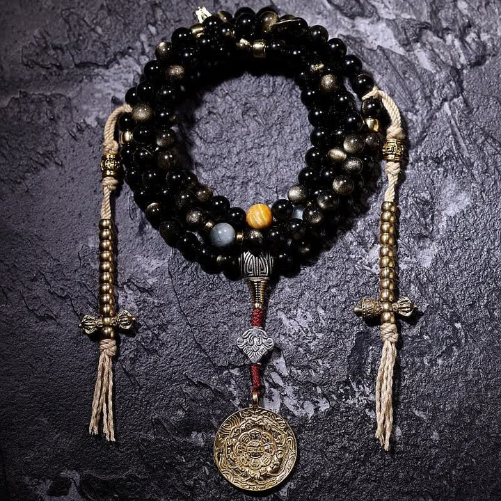 Pulsera de riqueza de piedra de ojo de águila de ojo de tigre de obsidiana con brillo dorado de 108 cuentas Mala