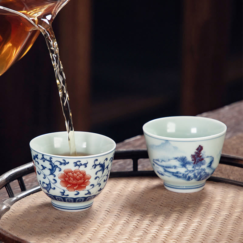 Taza de té de cerámica pequeña con Buddha Stones, paisaje azul, montañas, loto, lindos pabellones de gatos, Magnolia Reed Egrets, taza de té de Kung Fu