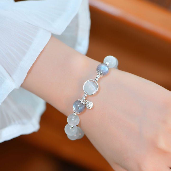 Pulsera de apoyo de amor con piedra lunar y ojo de gato de plata de ley 925 de Buddha Stones