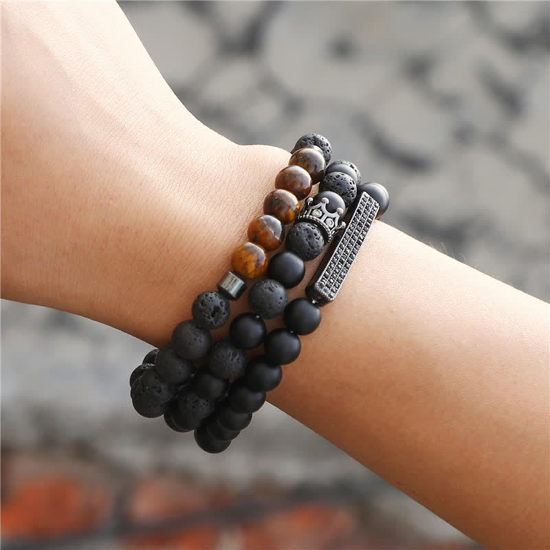 Pulsera activada con ojo de tigre, piedra de Lava, piedra esmerilada, 3 Buddha Stones.