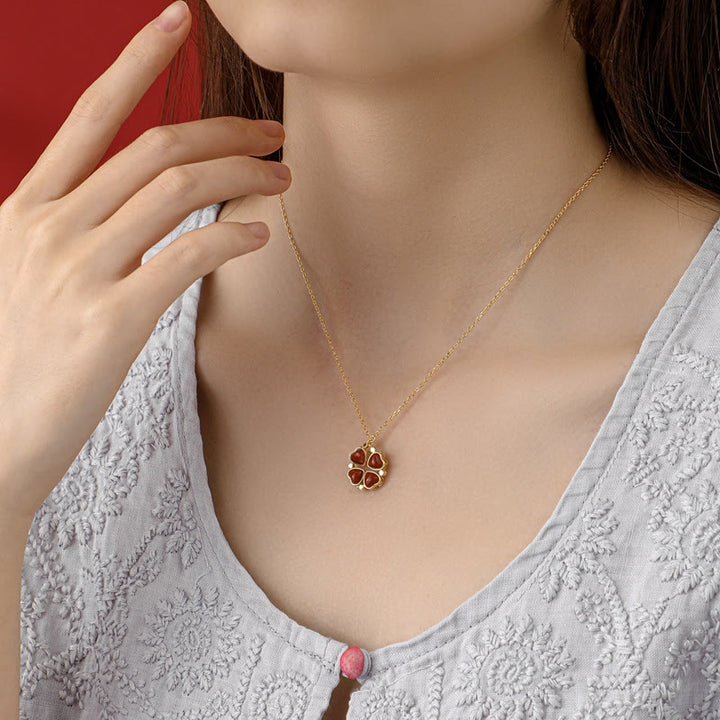 Colgante de plata de ley 925 con Buddha Stones , trébol de cuatro hojas, jade blanco, ágata roja, colgante de abundancia