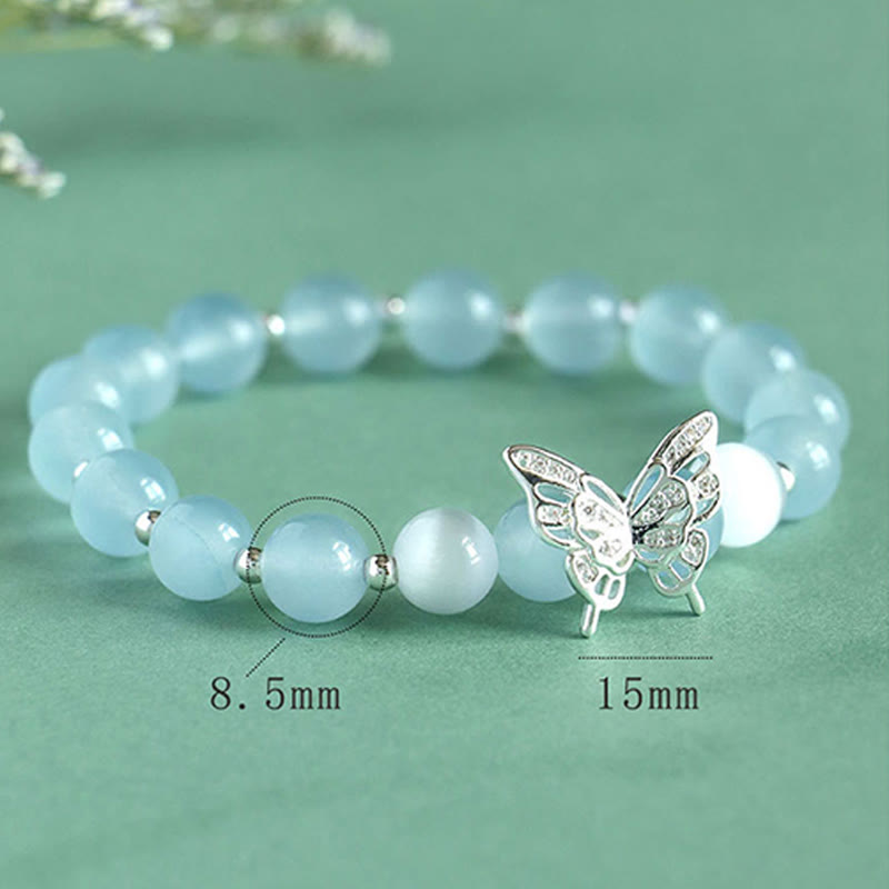 Buddha Stones Calcedonia Azul Cristal Rosa Calcedonia Púrpura Mariposa Pulsera Energética