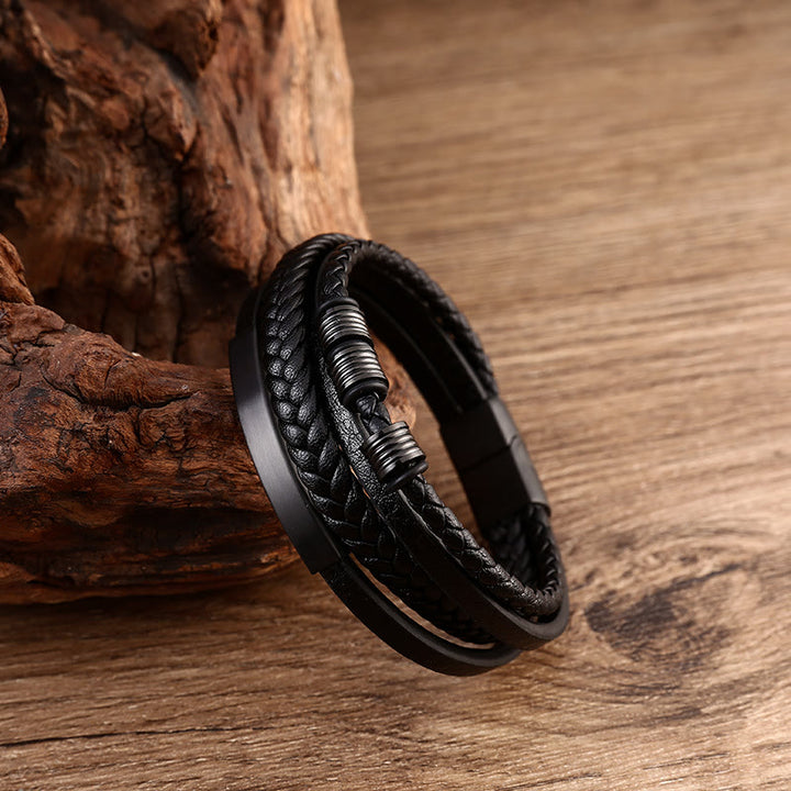 Pulsera con hebilla magnética trenzada con equilibrio de acero y titanio multicapa de cuero con Buddha Stones
