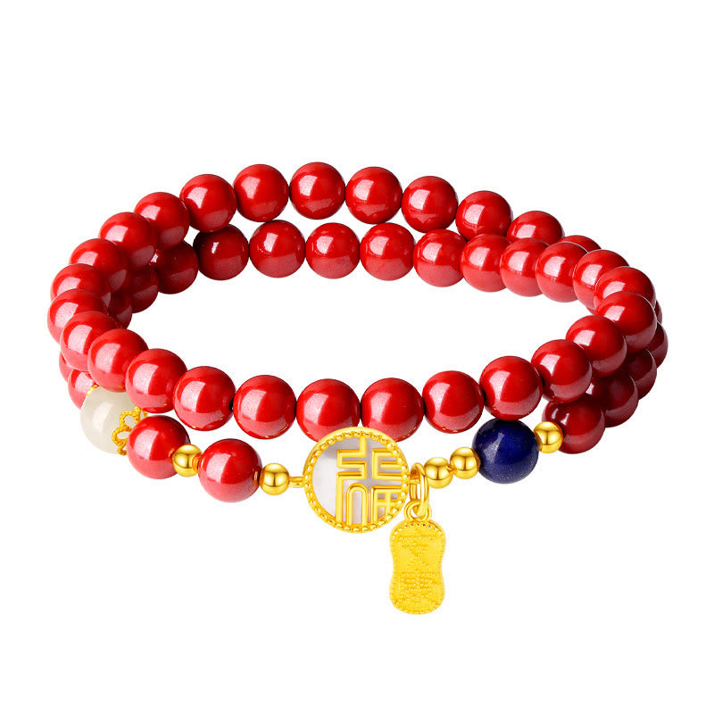 Pulsera de bendición de doble envoltura con carácter Fu de piedra Tridacna de cinabrio de plata de ley 925 de Buddha Stones