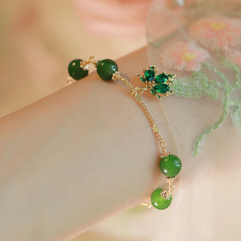 Pulsera de fuerza de valor de hoja de arce de calcedonia verde chapada en oro de 14 quilates con Buddha Stones