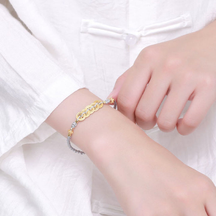 Pulsera trenzada de cuerda azul con Buddha Stones, moneda de cobre, árbol de la fortuna, perla, suerte