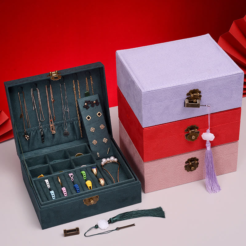 Caja organizadora de joyas de diseño Simple con Buddha Stones, caja de almacenamiento de joyas de dos capas, caja de franela con cerradura - image 1