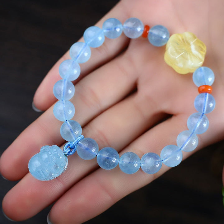 Pulsera con dije curativo de la paz, ámbar, aguamarina natural, Pixiu