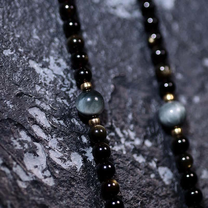 Pulsera de riqueza de piedra de ojo de águila de ojo de tigre de obsidiana con brillo dorado de 108 cuentas Mala
