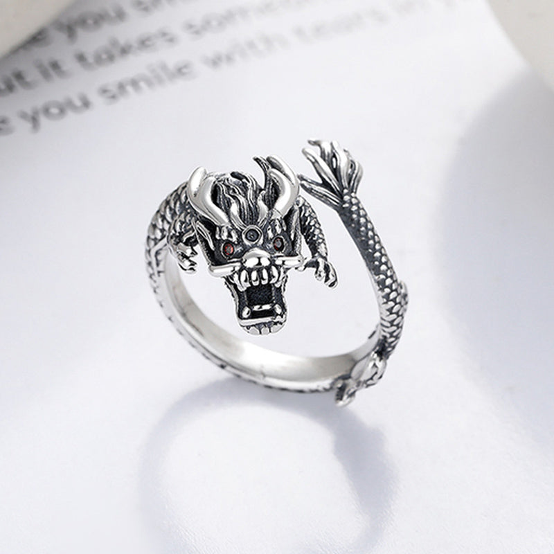 Anillo de metal de la suerte con diseño del año del dragón de plata de ley 925 vintage con Buddha Stones