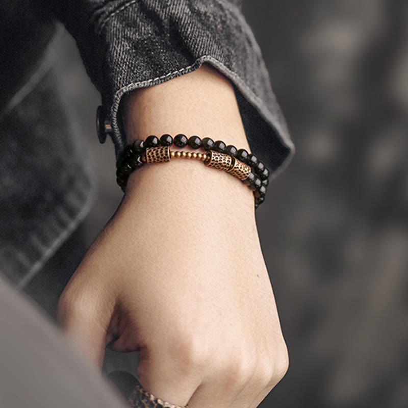 Pulsera de doble vuelta de cobre y obsidiana arcoíris con Buddha Stones