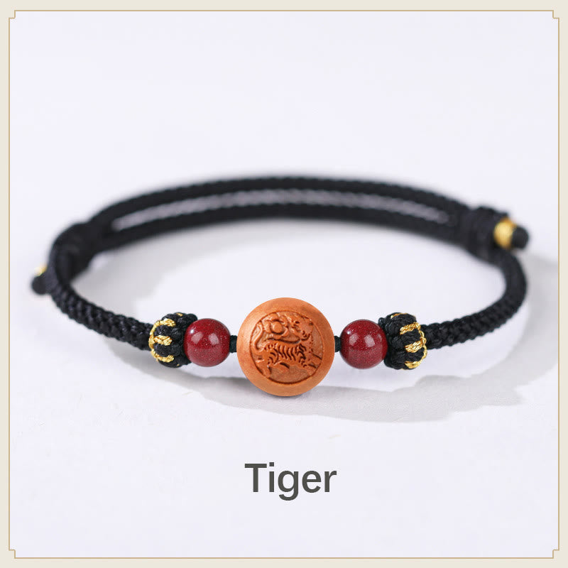 Pulsera de riqueza de cinabrio tallada con carácter del zodíaco chino, madera de melocotón Natural, Buddha Stones - Tigre-Negro (Circunferencia de la muñeca 14-18 cm) - image 11