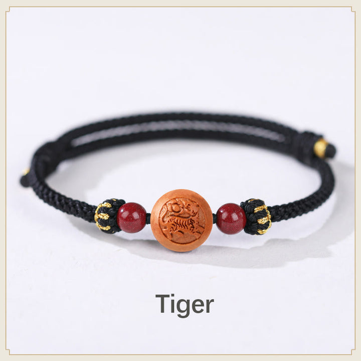 Pulsera de riqueza de cinabrio tallada con carácter del zodíaco chino, madera de melocotón Natural, Buddha Stones - Tigre-Negro (Circunferencia de la muñeca 14-18 cm) - image 11
