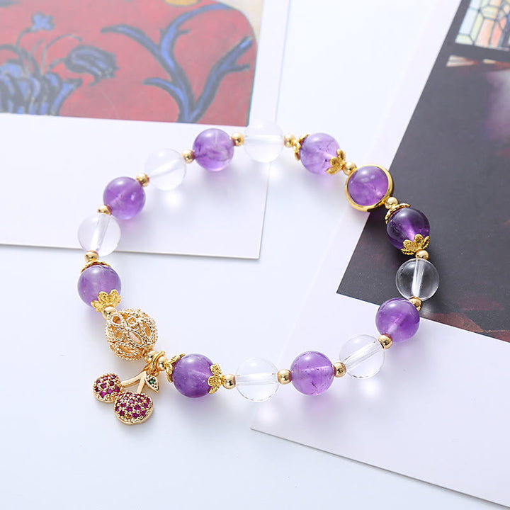 Pulsera con dije de cereza positiva de cristal blanco amatista natural con Buddha Stones