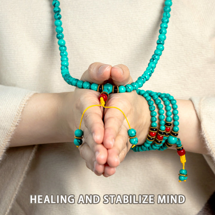 Pulsera Mala curativa de turquesa tibetana con Buddha Stones