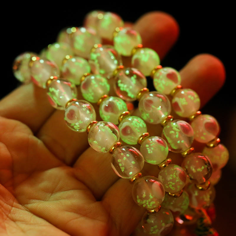 Pulsera de bendiciones con cuentas de cristal Liuli fluorescentes de corazón de amor rosa luminoso con abalorio familiar de bestia tragadora de oro con Buddha Stones