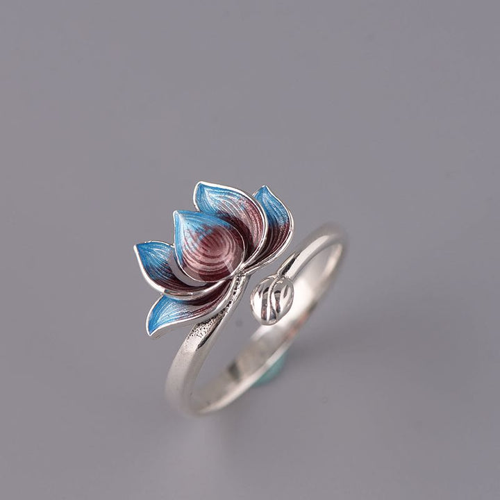 Anillo ajustable de flor de loto de plata de ley 925 con Buddha Stones - image 1