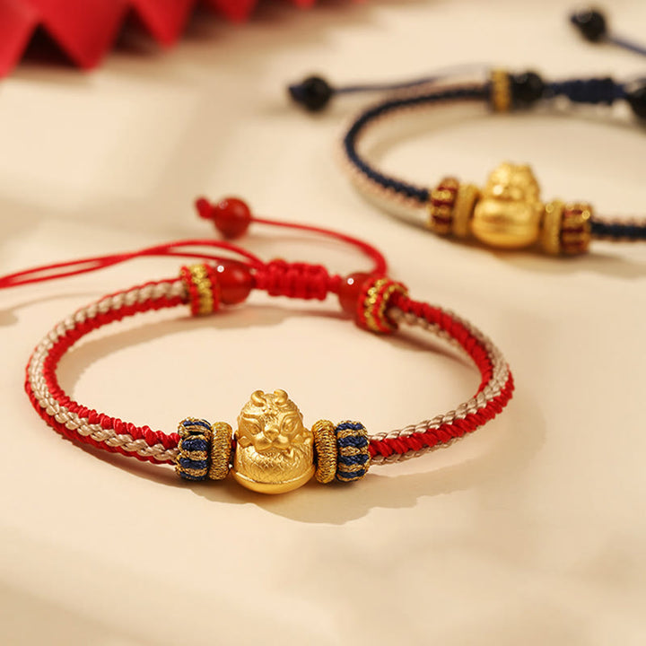 Pulsera trenzada hecha a mano con Buddha Stones de plata de ley 925 con dragón bebé, fuerza de la suerte