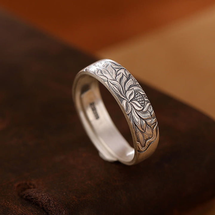 Anillo de iluminación grabado con Buddha Stones de plata de ley 999, flor de loto, flor de ciruelo, nubes auspiciosas - Flor de loto - image 1