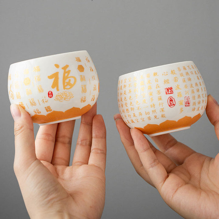 Taza de té y platillo con tapa, taza de té de cerámica Gaiwan, Sutra del corazón budista, Buddha Stones , pequeño personaje Fu, Kung Fu