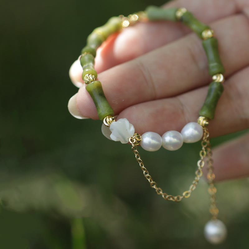 Pulsera de riqueza con Buddha Stones, bambú verde, jade, lirio de los valles