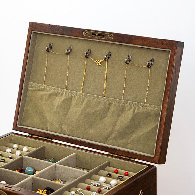 Caja de joyería de madera maciza retro con Buddha Stones, caja de almacenamiento de joyería de madera de cuatro capas