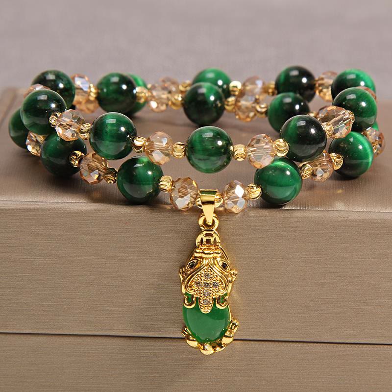 Ojo de tigre Pixiu Fox bolsa de dinero protección confianza en sí mismo pulsera de doble envoltura - Ojo de tigre verde y Pixiu - image 5