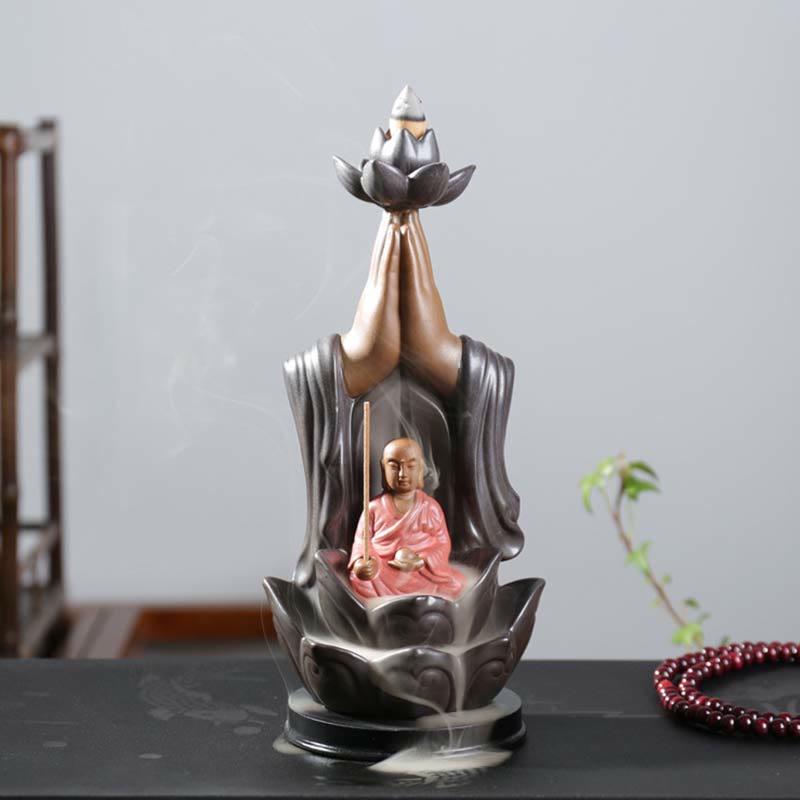 Quemador de incienso de reflujo de bendición de loto de cerámica de Buda Avalokitesvara Chenrezig Ksitigarbha