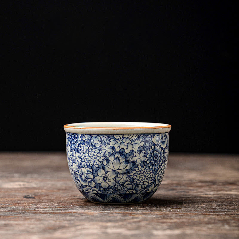 Tazas de té de cerámica de crisantemo con flor de ciruelo y peonía de loto Vintage con Buddha Stones