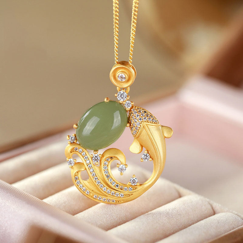 Buddha Stones Cian Jade Koi Fish Curación Calma Collar Colgante - 45+5 cm - image 1