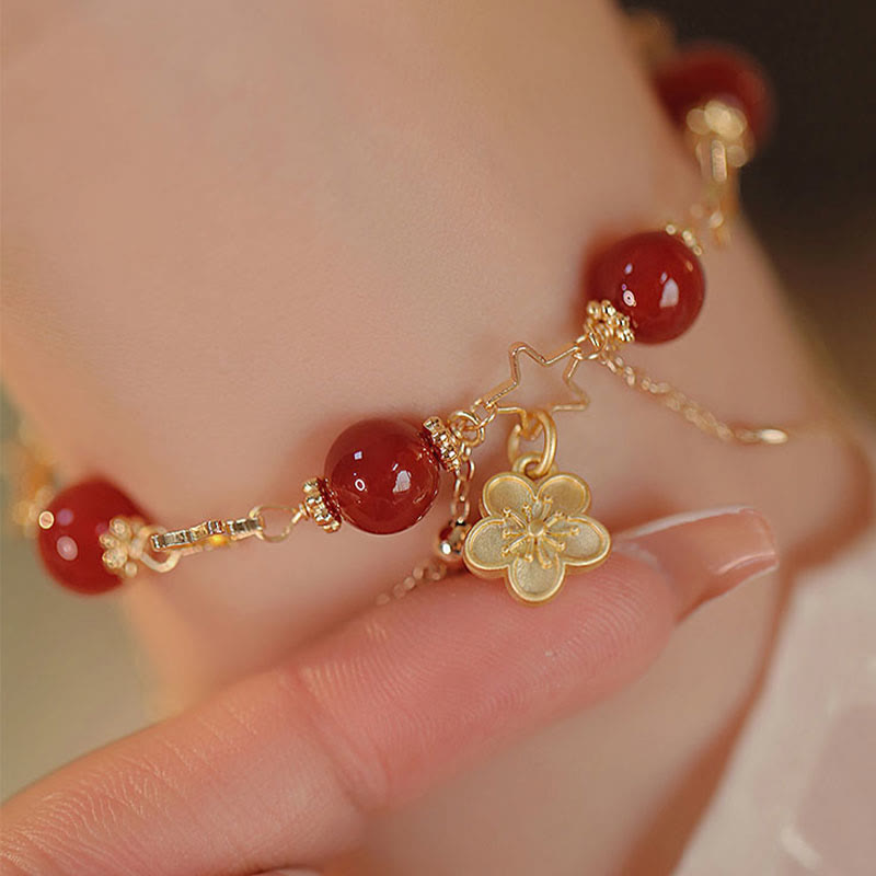 Pulsera tranquila con dije de flor de estrella de ágata roja chapada en oro de 14 Buddha Stones