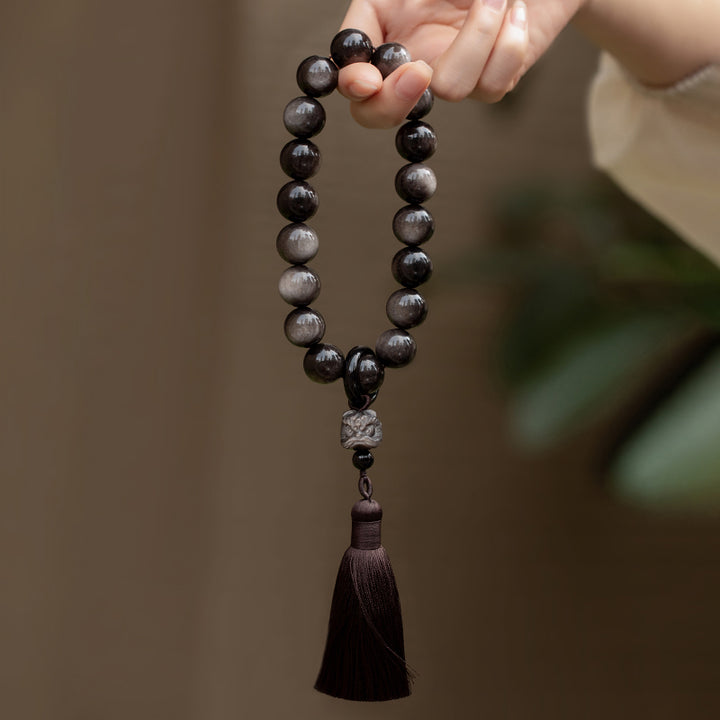 Obsidiana con brillo de plata Natural, León de obsidiana negra, protección Mala para muñeca, borlas, bolsillo, decoración para coche