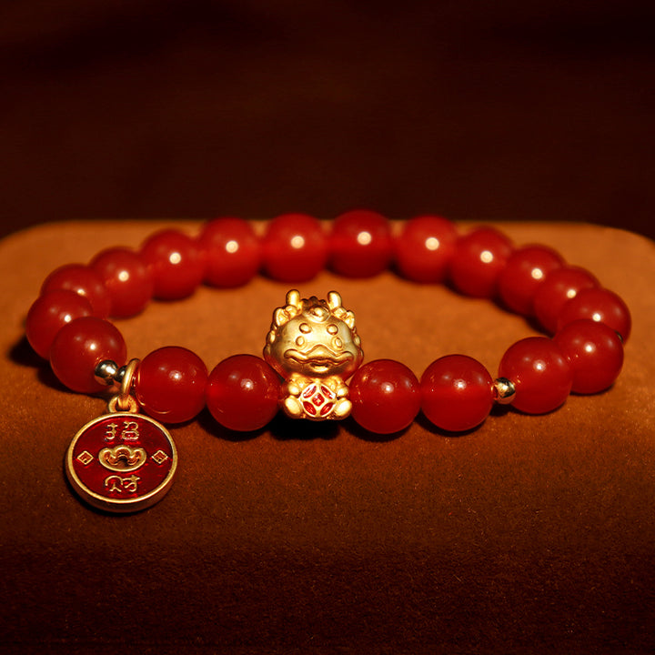 Buddha Stones Año del Dragón Ágata Roja Natural Moneda de Cobre Atraer Pulsera de la Fortuna