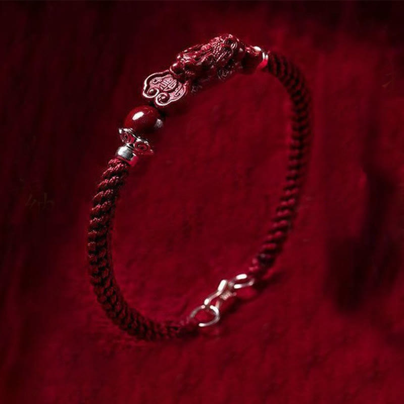 Pulsera trenzada de cinabrio PiXiu hecha a mano con Buddha Stones - Cuerda con hebilla de color rojo oscuro - 17 cm - image 0