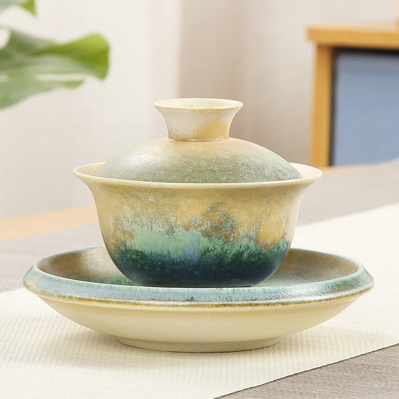 Taza de té y platillo de cerámica de porcelana con diseño de olas del océano, Buddha Stones , Gaiwan Sancai, Kung Fu, con tapa